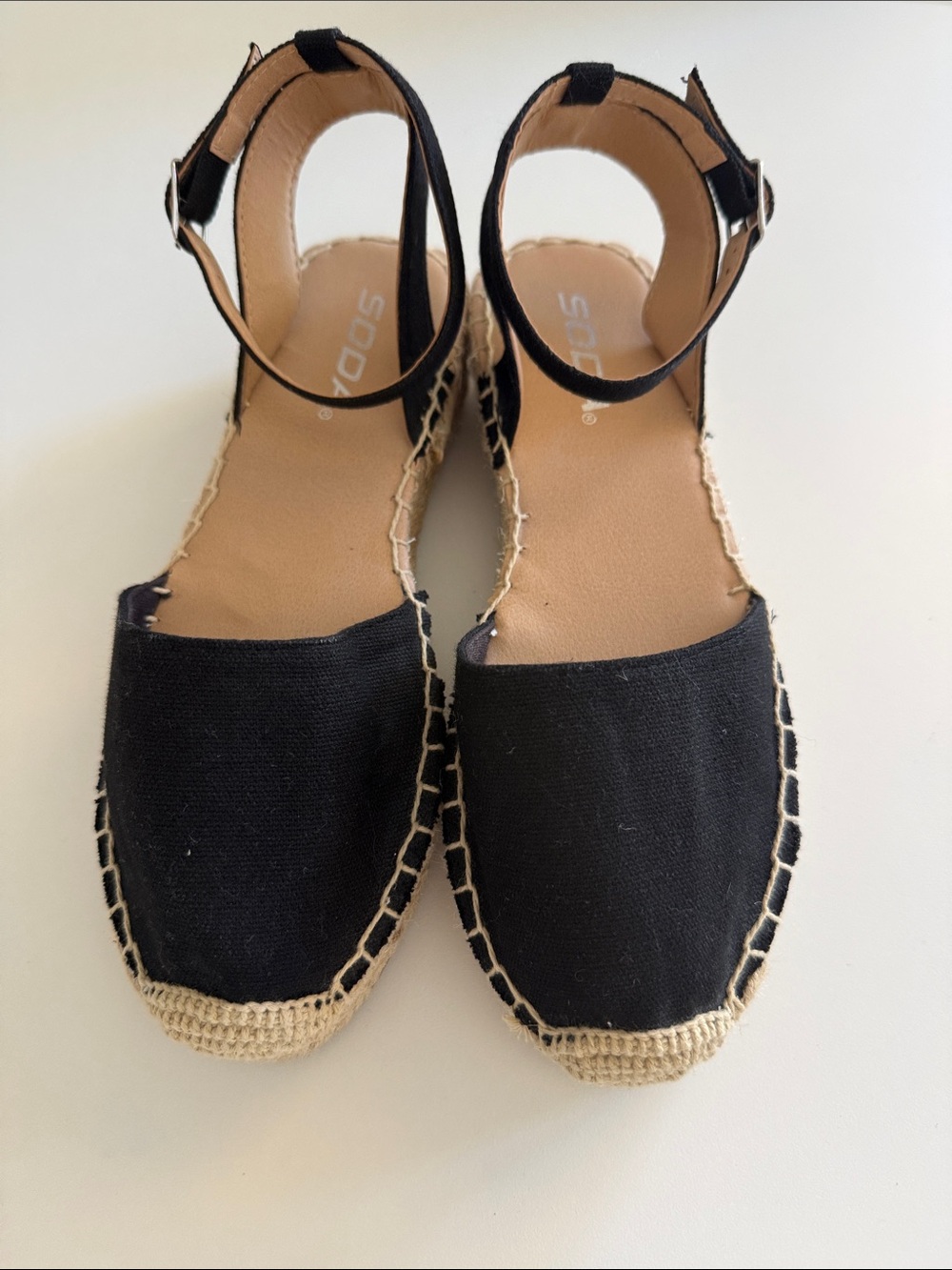 Soda Black Canvas Ankle-Strap Espadrilles with Jute Trim